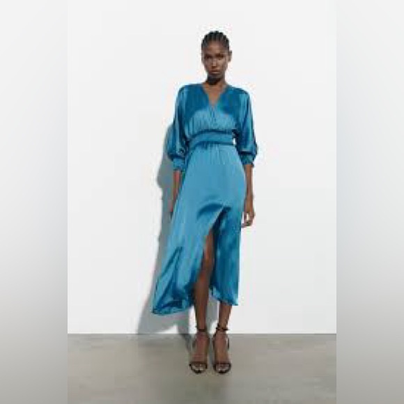 ZARA WRINKLE LOOK SATIN EFFECT MIDI DRESS Blue Steel Size M - Picture 2 of 16